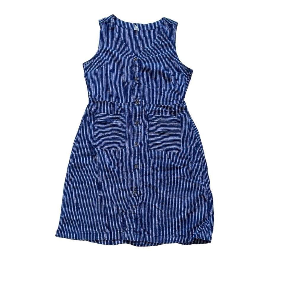 Linen Blend Old Navy Blue Striped Sleeveless Botton Up Dress With Pockets